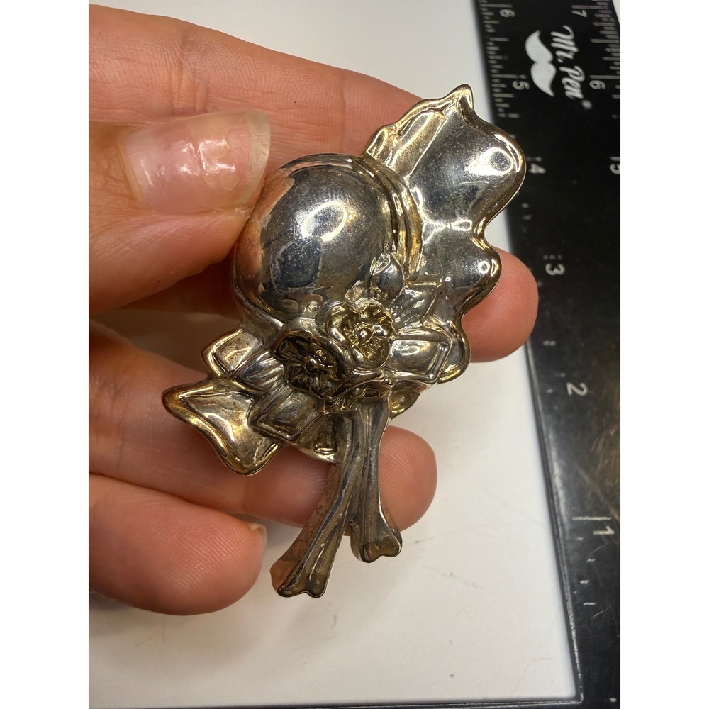 Silver Tone Sun Hat Brooch Pendant Floral Bow Garden Party Jewelry